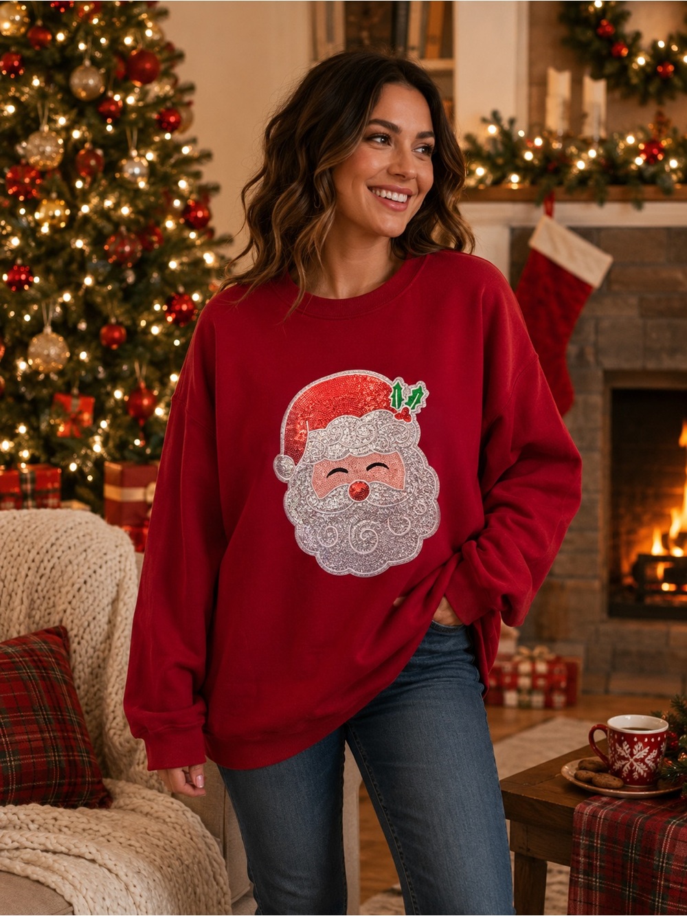Gildan Red Crewneck Sweatshirt - Glitter Christmas Sweatshirt